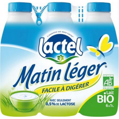 Lait Lactel Matin Léger Bio demi-écrémé 1L (pack de 6)