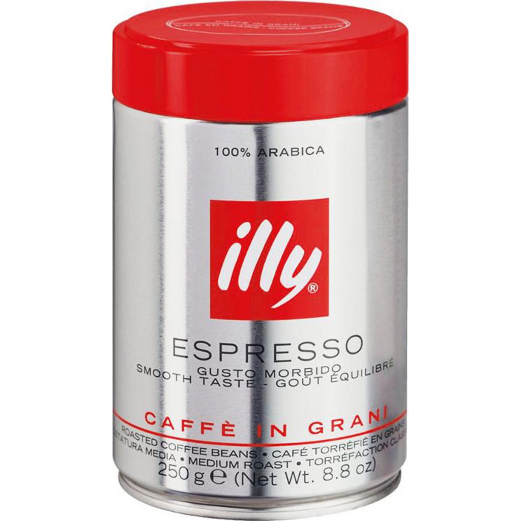 Café grains Espresso Illy. Boite métal 250 g.