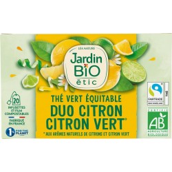 JARDIN BIOLOGIQUE Thé vert équitable duo citron jaune et citron vert bio (la boite de 20 sachets)