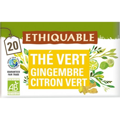 ETHIQUABLE Thé vert gingembre citron vert Ceylan Bio (la boite de 20 sachets)