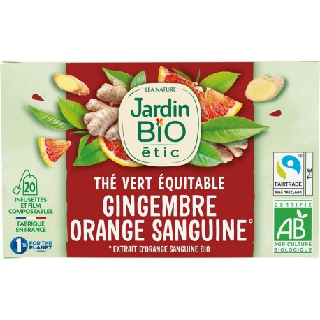 JARDIN BIO Thé vert au gingembre saveur orange sanguine Bio ETIC (la boîte de 20 sachets)